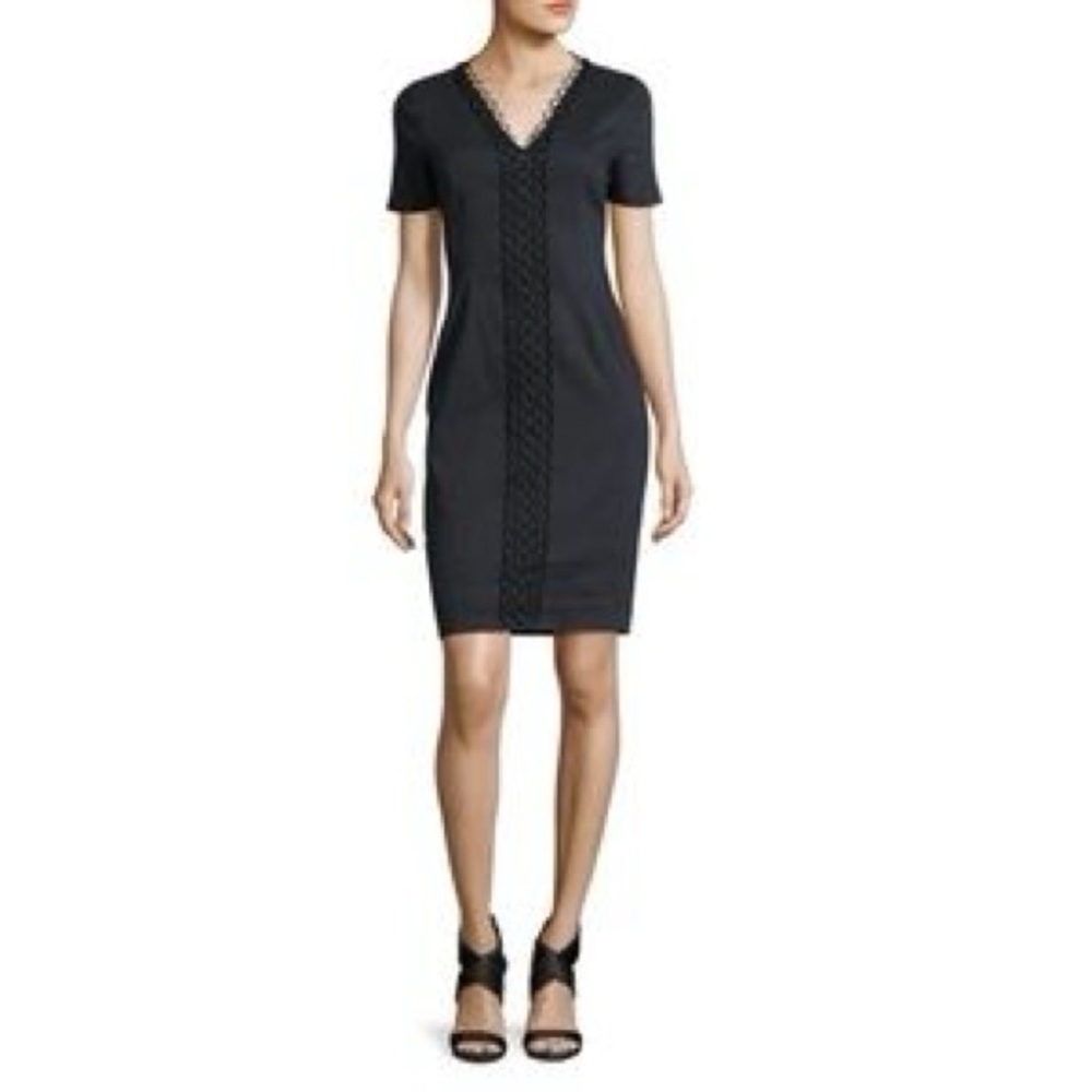 Elie Tahari Black V-Neck Short Sleeve Midi Sheath Dress size XS